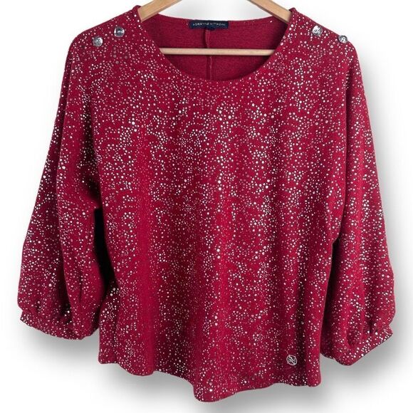 Adrienne Vittadini Womem's L Balloon Sleeve Silver Sparkle Red Cocktail Blouse - Picture 1 of 10